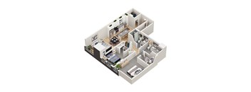 A 3D floor plan of a house with multiple rooms.