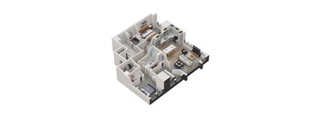 A 3D floor plan of a house with multiple rooms.