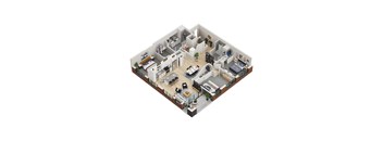 A 3D rendered image of a modern apartment layout.