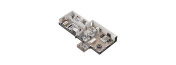 A 3D floor plan of a house with a living room, kitchen, and bedrooms.