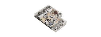 A 3D floor plan of a house with multiple rooms.