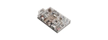 A 3D rendered image of a house layout.
