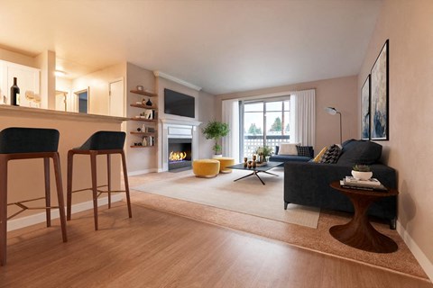 A living room with a fireplace, a couch, and a coffee table.