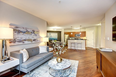 A living room with a grey couch and a coffee table.