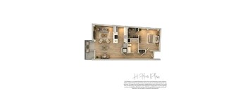 A floor plan of a house with a kitchen, living room, and bathrooms.