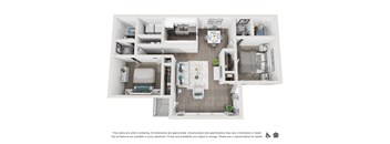 A floor plan of a 2 bedroom apartment with a kitchen, living room, 2 bedrooms, and 2 bathrooms.