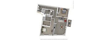 A 3D rendered image of a modern apartment.