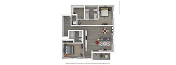 A 3D rendered image of a modern apartment.