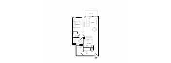 A floor plan of a small apartment with a living room, bedroom, bathroom, kitchen, and den.