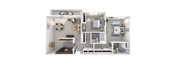 A 3D floor plan of a small apartment with a kitchen, living room, and bathroom.
