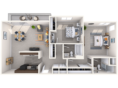A 3D floor plan of a small apartment with a kitchen, living room, and bathroom.