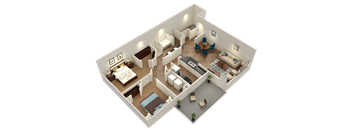 A 3D rendered image of a house interior.