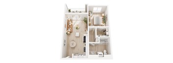 A split image of a small apartment with a kitchen and living room.