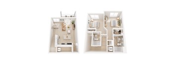 A top down view of a bedroom and bathroom layout.