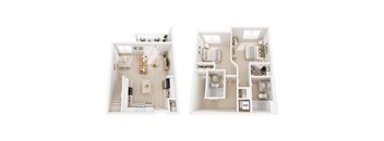 A floor plan of a two-bedroom apartment with a living room, kitchen, and bathroom.