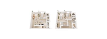 A white floor plan of a two-bedroom apartment.