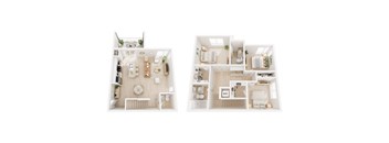 Two images of a small white apartment with a kitchen, living room, and bedroom.