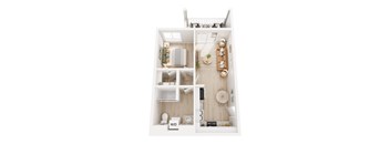 A top down view of a small apartment with a kitchen, living room, and bathroom.