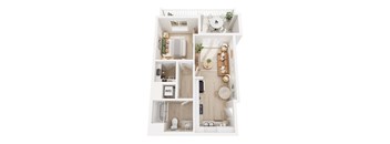 A white and wood floor plan of a small apartment.