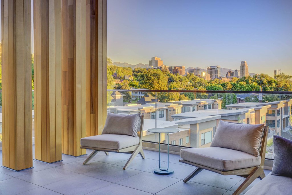 Roof top courtyard with view of the city at Harvest, Utah