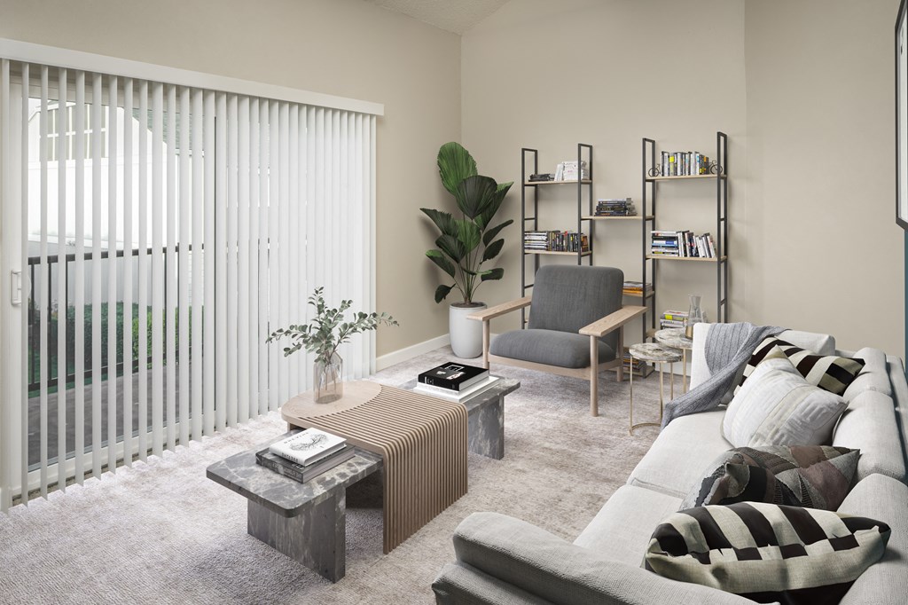 Living room space with huge patio door to backyard at Canyon Park Apartments, 97005