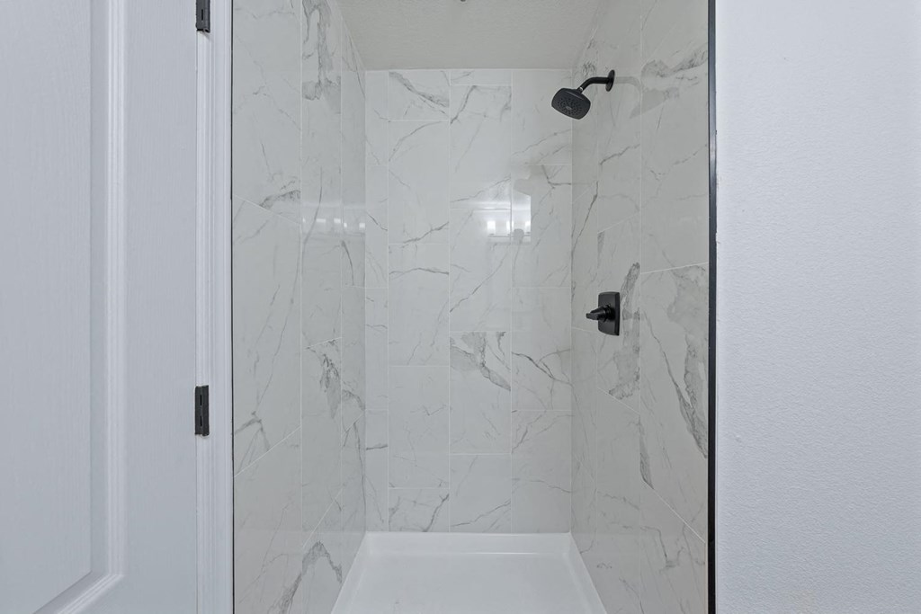 a bathroom with a shower and a sink