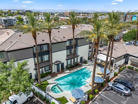 A swimming pool surrounded by palm trees and apartment buildings.