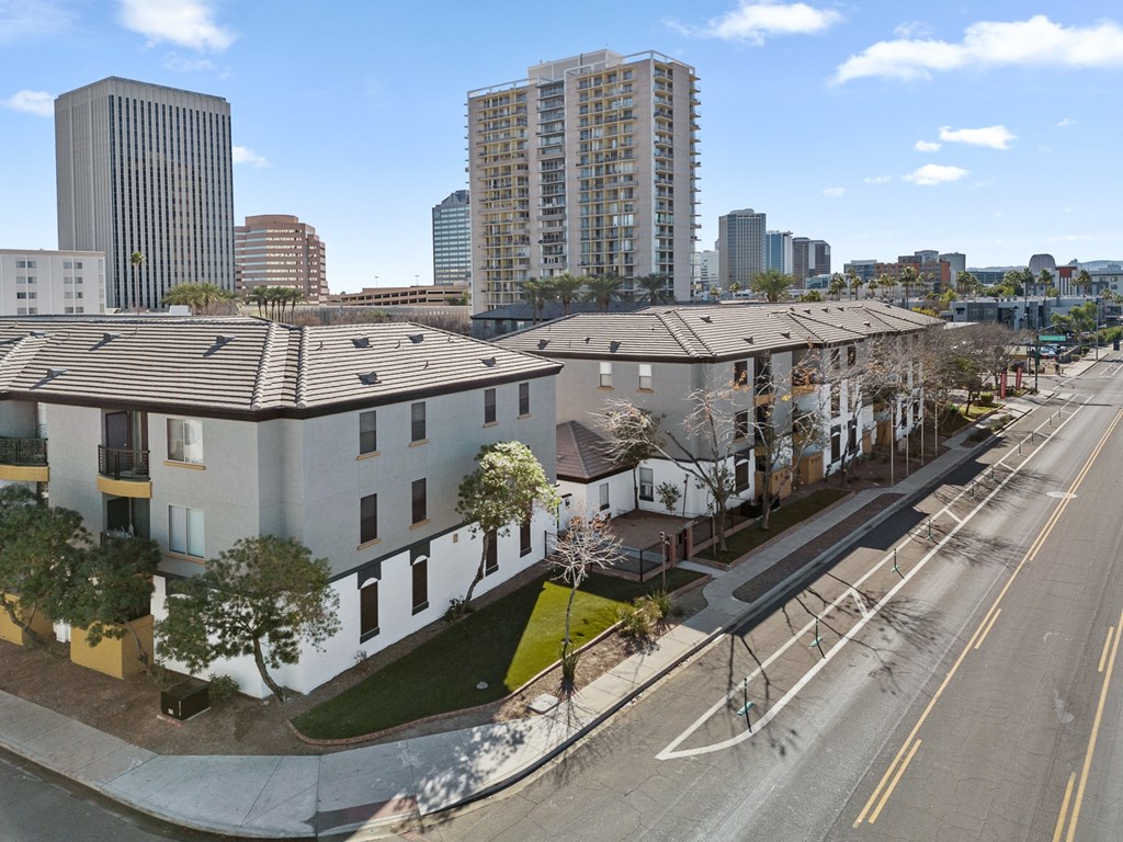an aerial view of apartments in a city with tall buildings