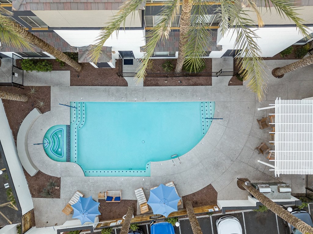a view of the pool from above at the ace hotel anaheim resort