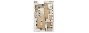 a stylized floor plan with a bedroom and a living room