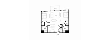 A floor plan of a house with a balcony, two bedrooms, a living room, a kitchen, a bathroom, a WC, and an entry point.
