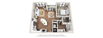 A 3D floor plan of a small apartment with a kitchen, living room, and bedroom.