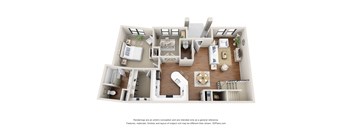 A 3D floor plan of a house with a kitchen, living room, and bedrooms.
