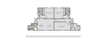 A floor plan of a house with a kitchen, dining room, living room, and four bedrooms.