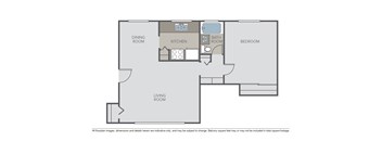 A floor plan of a house with a dining room, kitchen, living room, bathroom and bedroom.