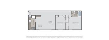A floor plan of a house with a kitchen, dining room, living room, and three bedrooms.