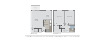 A diagram of a two bedroom apartment with a living room, dining room, kitchen and bathroom.