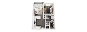 A small white room with a bed, a desk, and a shelf.