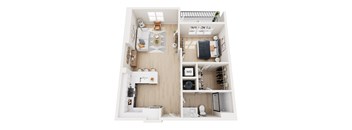 A top down view of a small apartment with a kitchen, living room, and bathroom.