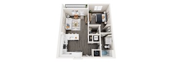 A top-down view of a small apartment with a kitchen, living room, and bedroom.
