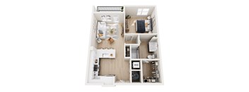 A top-down view of a well-organized apartment with a kitchen, living room, and bedroom.