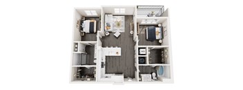 A top-down view of a small apartment with a kitchen, living room, and two bedrooms.