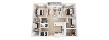 A top-down view of a small apartment with a kitchen, living room, and bedroom.