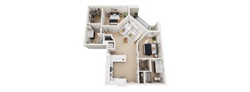 A top down view of a small apartment with a living room, kitchen, and bedroom.