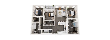 A top-down view of a small apartment with a kitchen, living room, and bathroom.