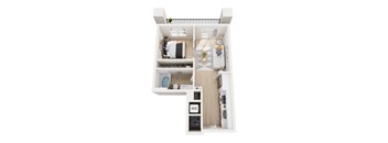 A top-down view of a small, neatly organized apartment.