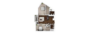 A top-down view of a house layout with a living room, kitchen, and two bedrooms.