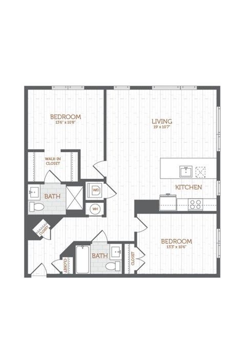 A black and white floor plan of a house with three bedrooms, a living room, a kitchen, and two bathrooms.