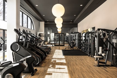 A gym with treadmills, weights, and exercise machines.