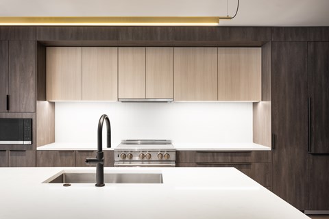A modern kitchen with a stainless steel sink and a stove top.